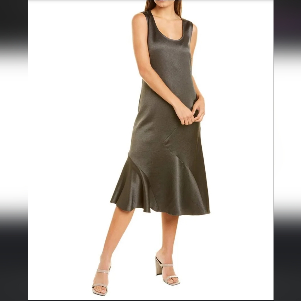 Club Monaco Bias Cut Sleeveless Satin Dress In Olive Green - Picture 2 of 16